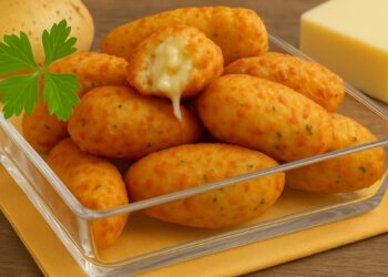 Bolinho de Arroz Cozido com Batatas e Recheio de Queijo