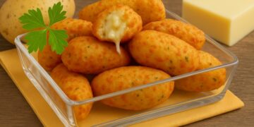 Bolinho de Arroz Cozido com Batatas e Recheio de Queijo