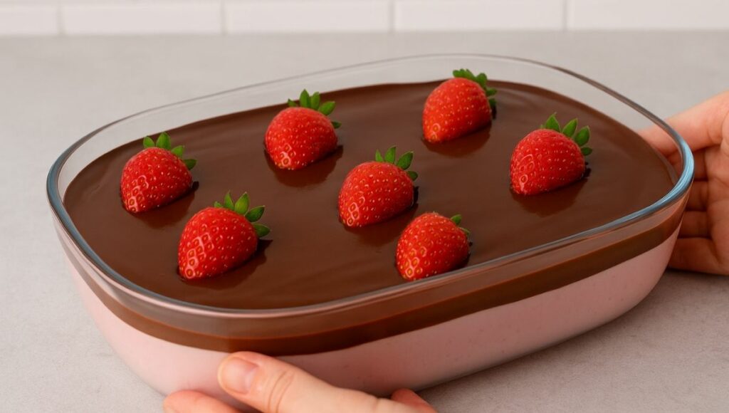 Sobremesa Gelada de Morango com Toque de Chocolate com 3 ingredientes